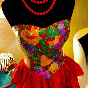 Vintage ruffle & squen, strapless red  dress